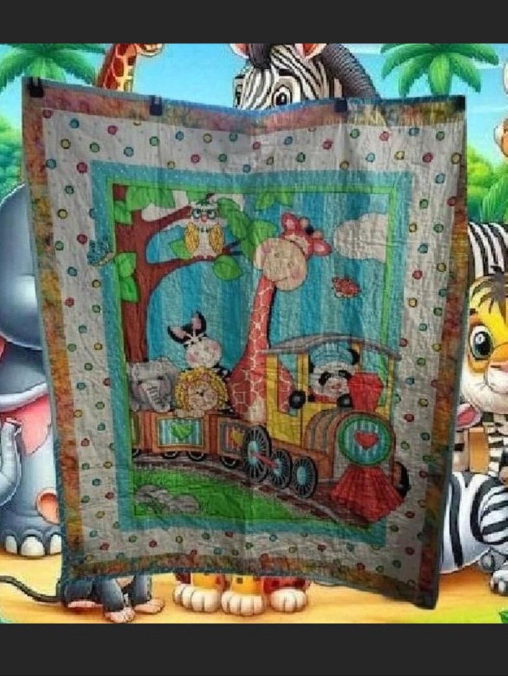 Handmade Nursery Zoo Animal Train Quilt Blanket - Multicolor